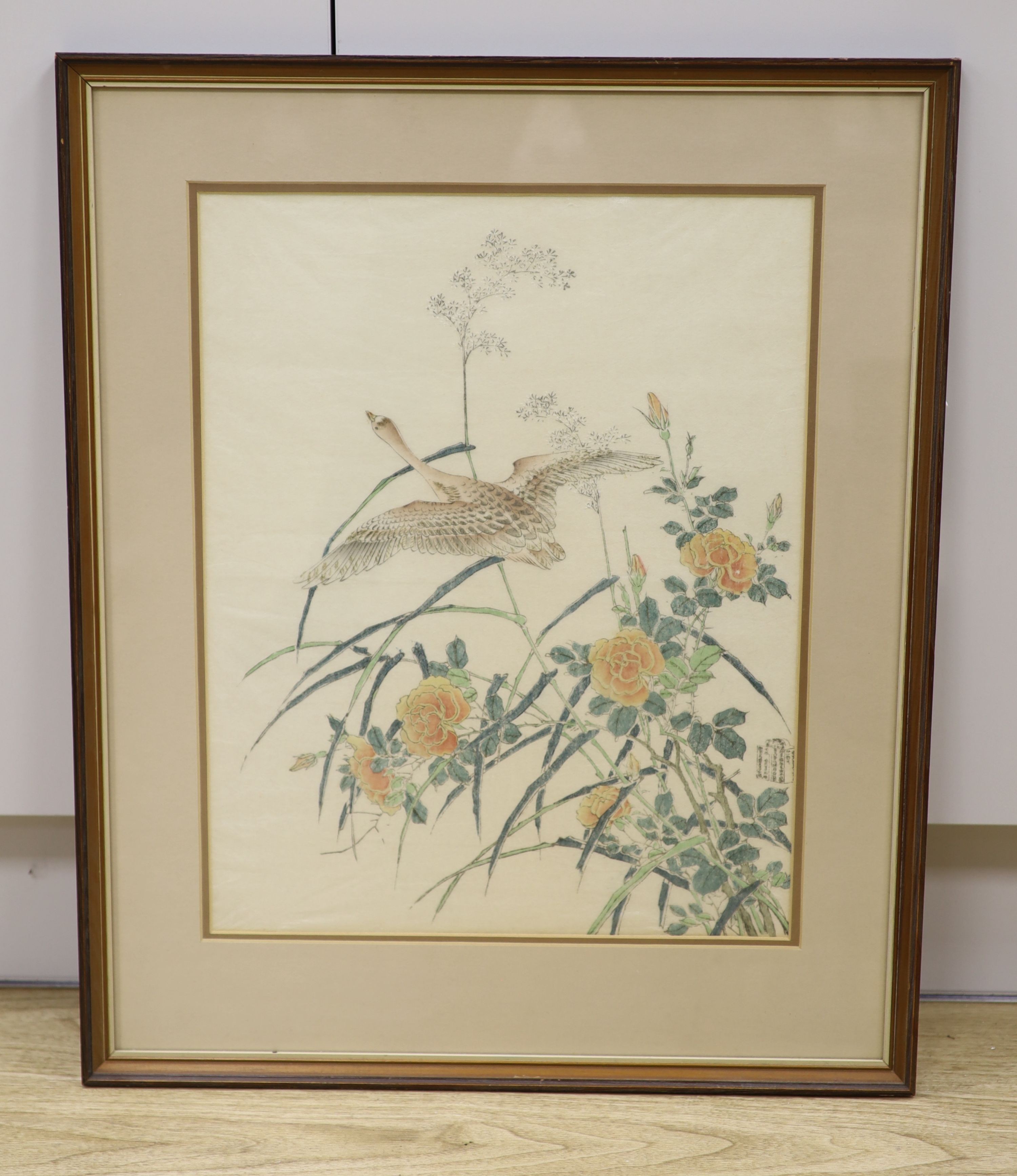 Chinese School, hand coloured woodblock print, Goose and flowering plants, 47 x 37cm